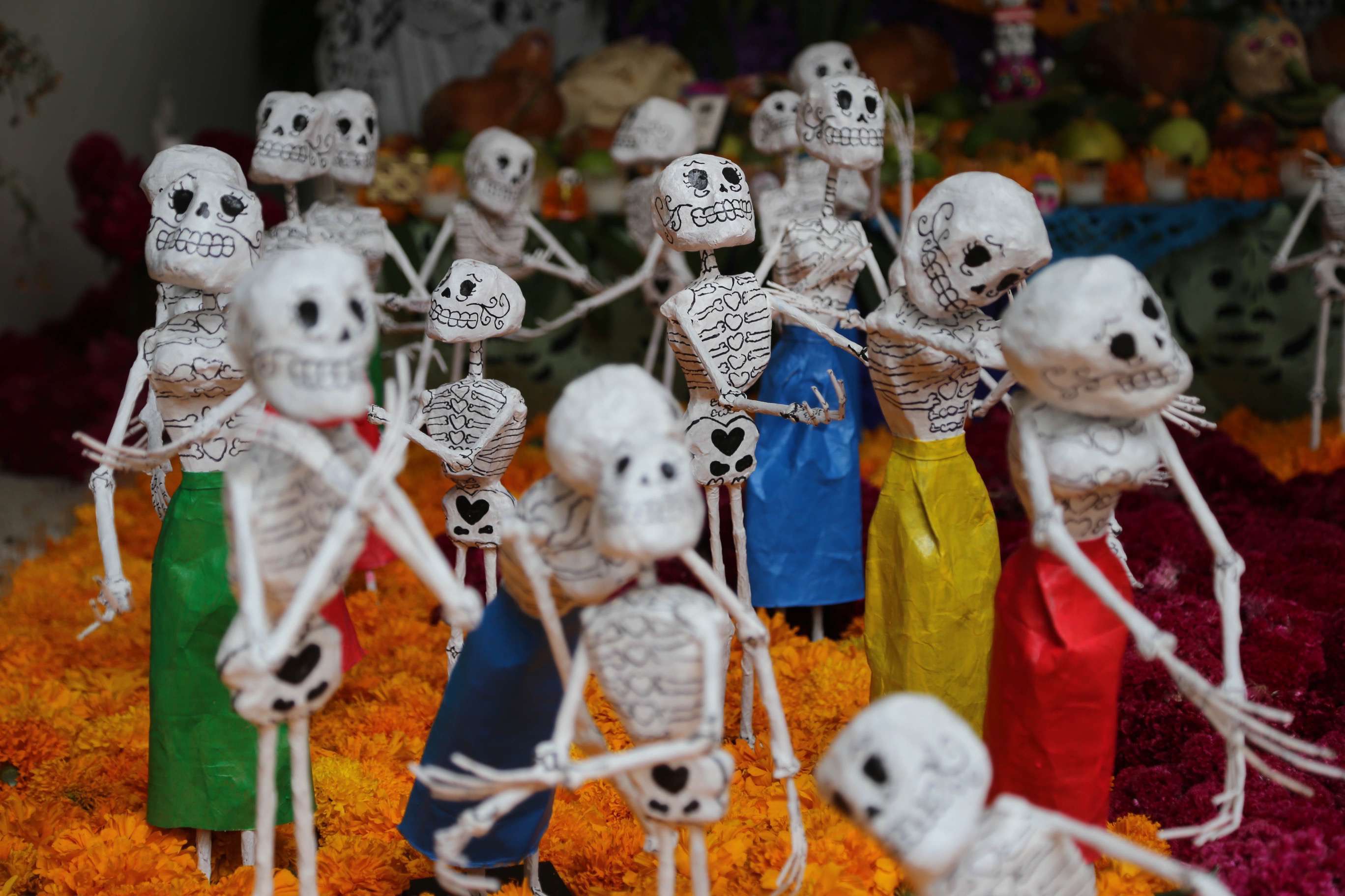 Skeletons are a major visual element in many of the altars and elements during Dia de los Muertos.