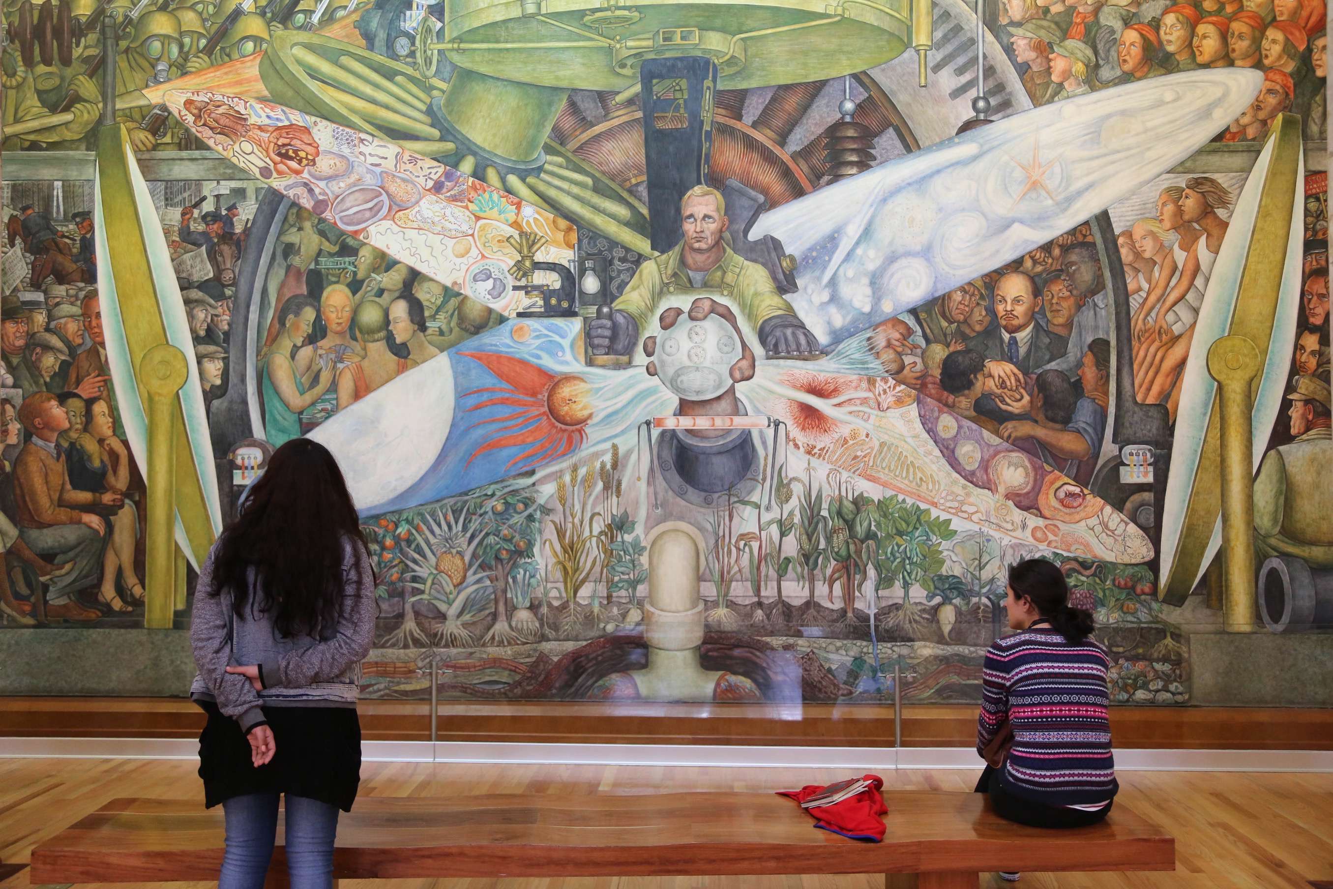 This is the re-created mural that Diego Rivera had painted for Rockefeller Center in New York City, before the Rockefeller's discovered the communist elements and it was chiseled off the wall. Rivera later recreated the masterpiece at Bellas Artes in Mexico City.